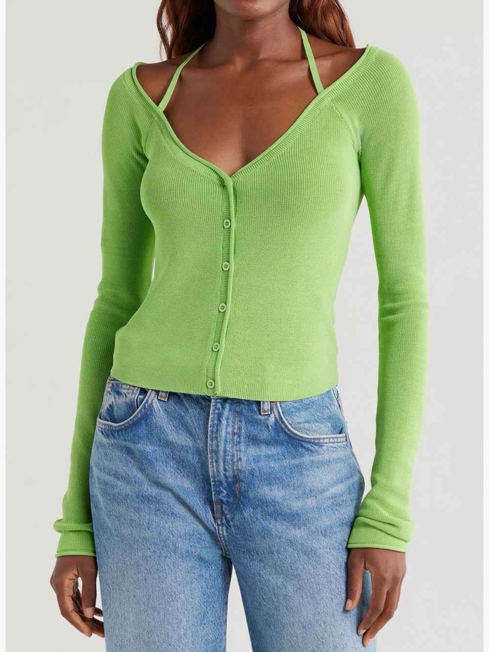 Good American Lime Green Ribbed Button-Front V-Neck Top